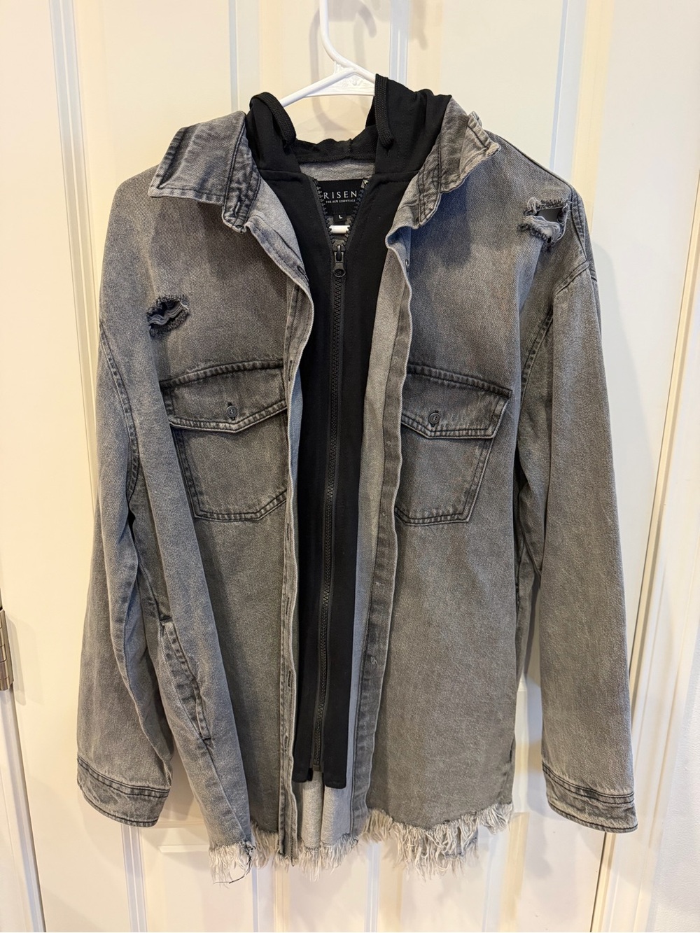 Gray Distressed Jean Jacket with Built-In Black Hoodie Layer